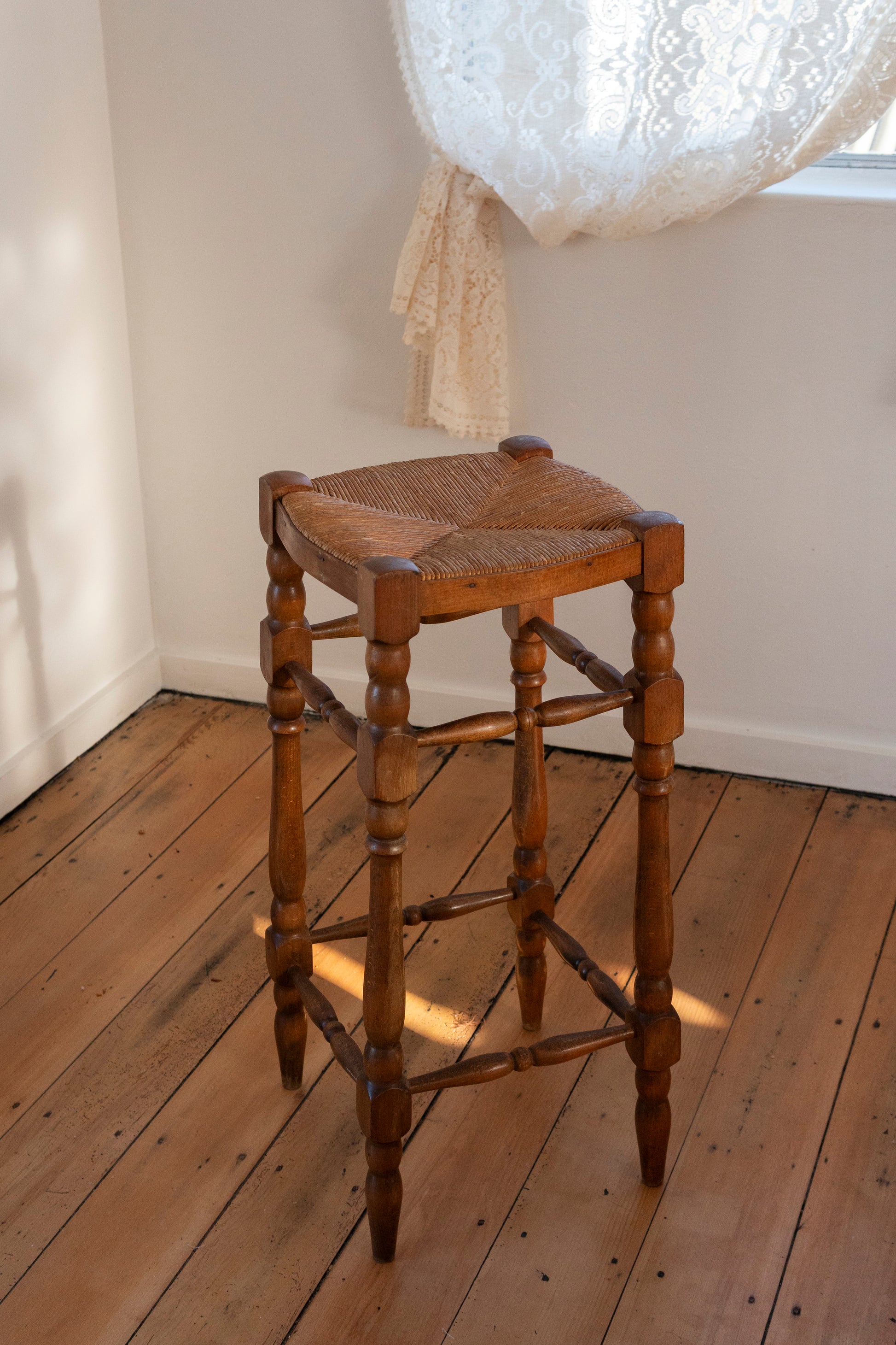 French Bobbin-Leg Stool with Rattan Seat